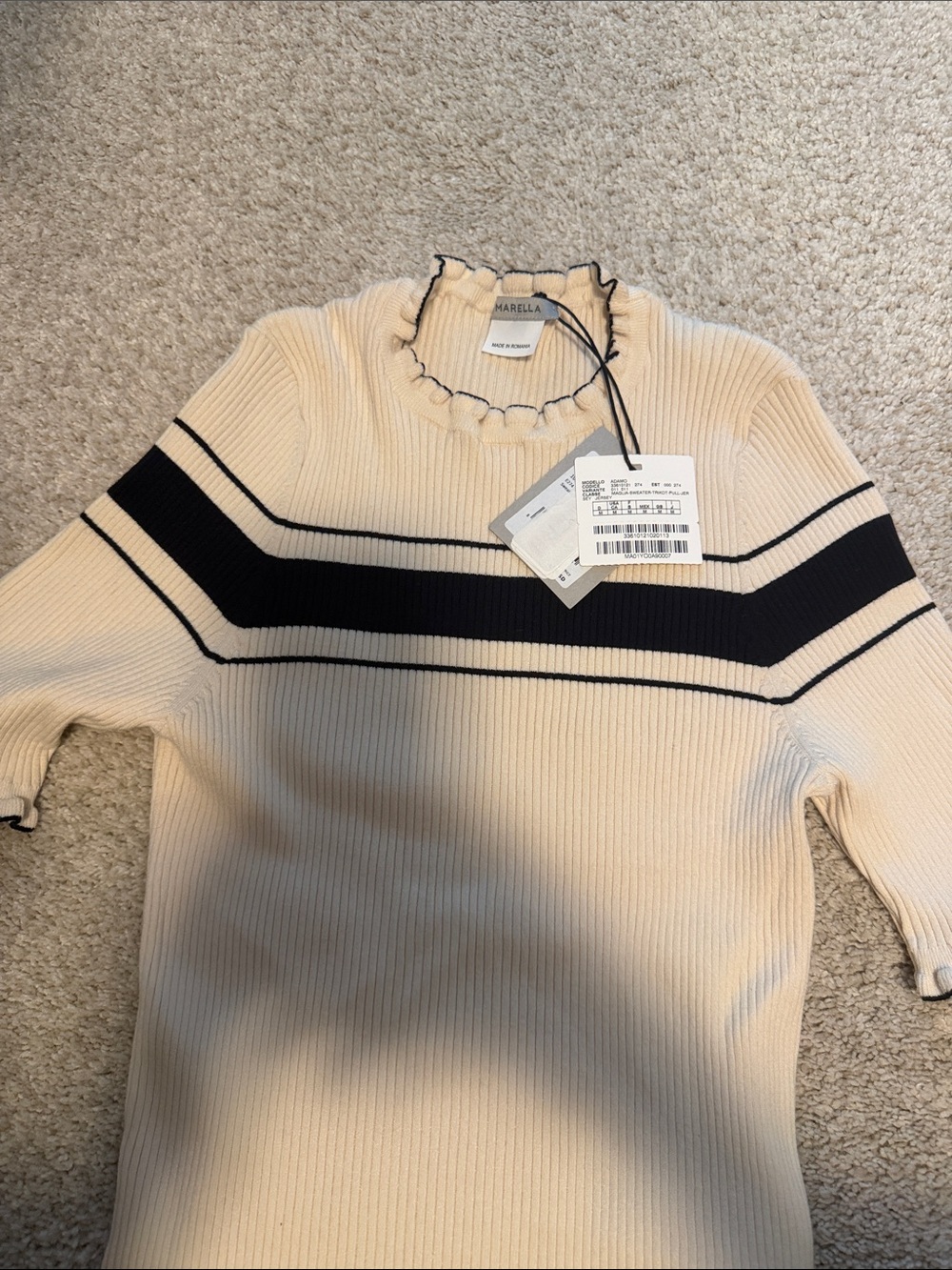 MARELLA Cream Ribbed Sweater with Black Stripes and Ruffle Neck